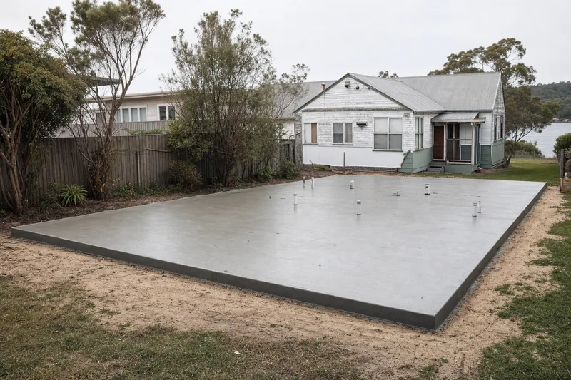 Plain concrete house slab poured on a cleared pad behind an older weatherboard cottage on a flat lake-adjacent Central Coast block — house slabs, Central Coast. Illustrative example.